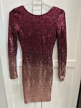 Revamped Burgundy to Rose Ombre Sequin Long Sleeve Dress